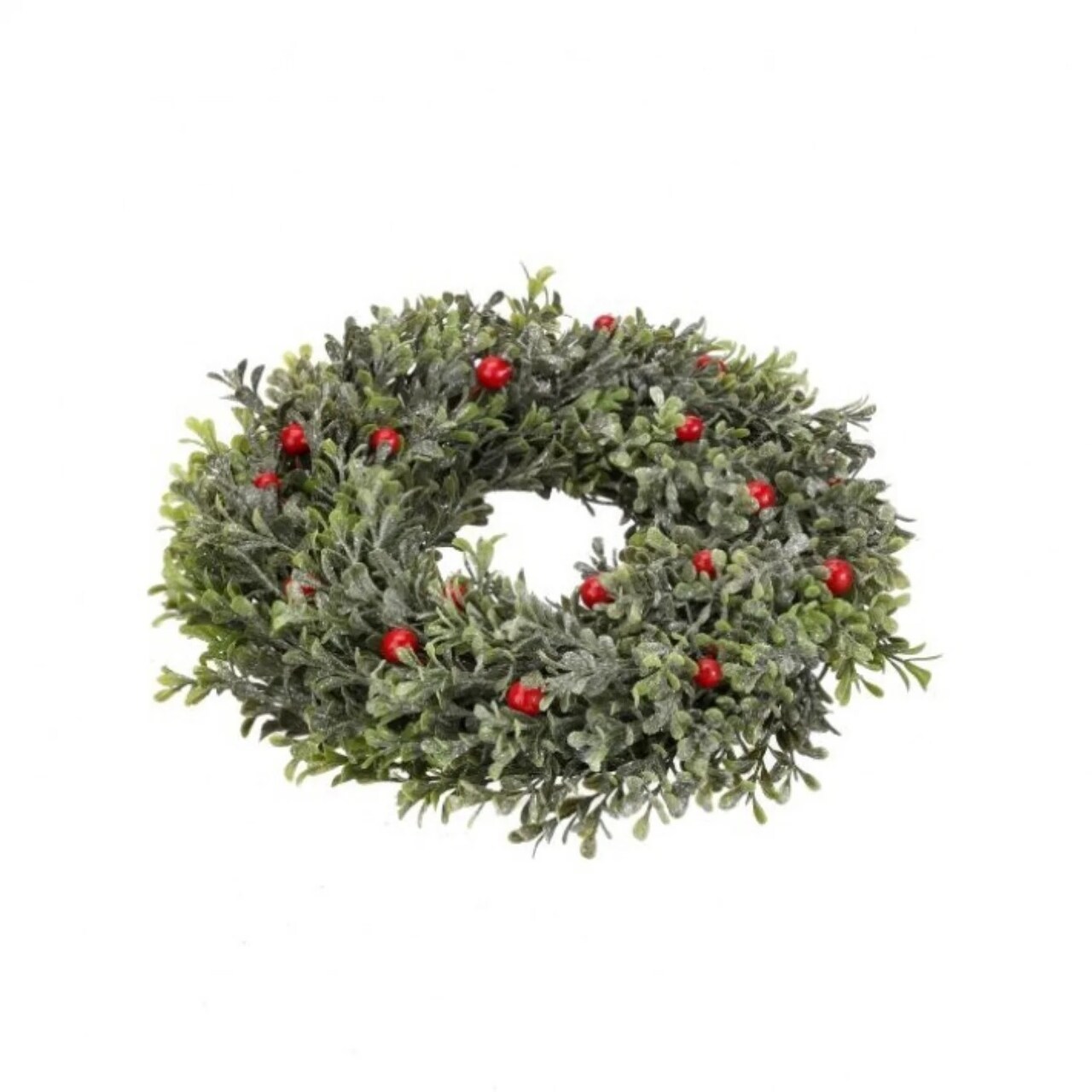 Contemporary Home Living 12&#x22; Frosted Boxwood Artificial Christmas Candle Ring with Berries